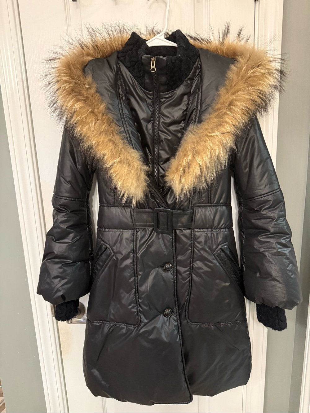Mackage Black Puffer Coat with Tan Faux Fur Trim